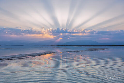 Sunrise at the Dead Sea in Israel with salt formations leading the eye to infinity.
